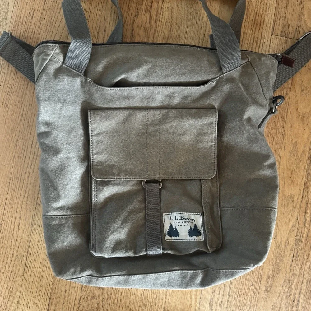 Vtg LL BEAN Tote Messenger Bag Army Green W/ Plaid Lining Crossbody Strap